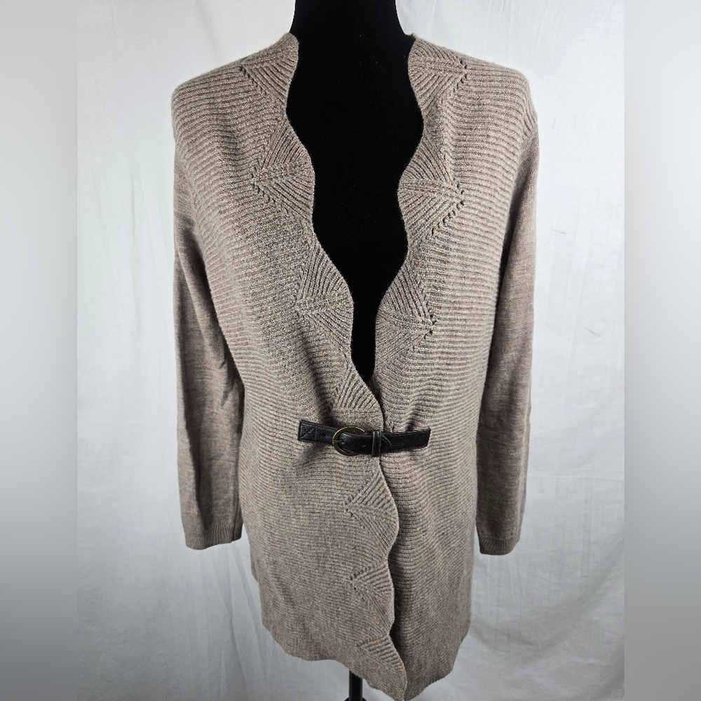 Cynthia Rowley Elegant Tan Women's Merino Wool Cardigan Sweater with Buckle Sz L